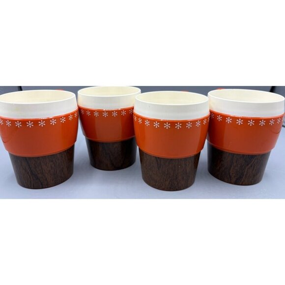 Vtg New-Mar Stackable Orange Brown Mugs Set of 4 Plastic Cups Wood Look Retro - Picture 9 of 9